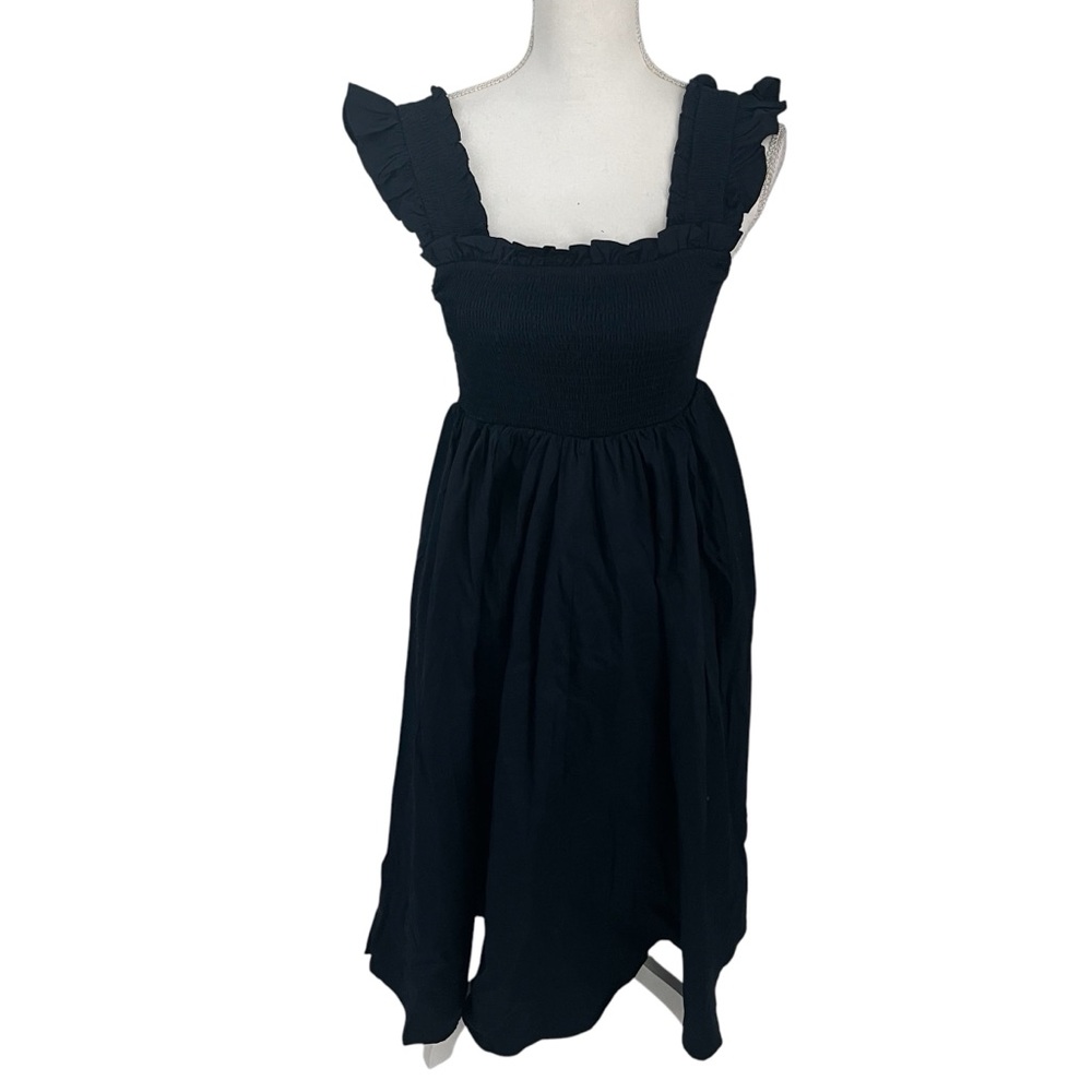 Petite Plume Navy Blue Margaux Twill Smocking Midi Dress Small Cotton Women's